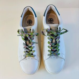 Tory Burch White Sneakers with Green Accents and Leather Finish